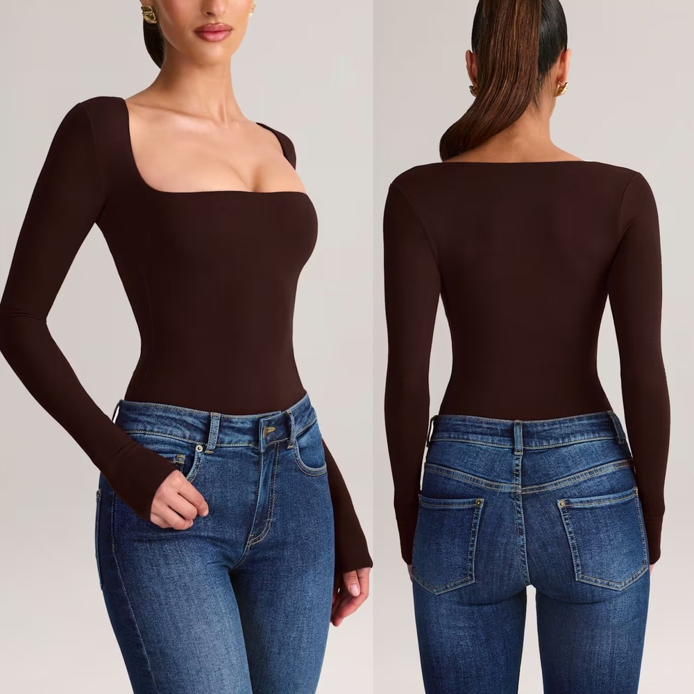 NWT Oh Polly Kaia Modal Square-Neck Long-Sleeve Top in Chocolate Brown Medium - Picture 2 of 9